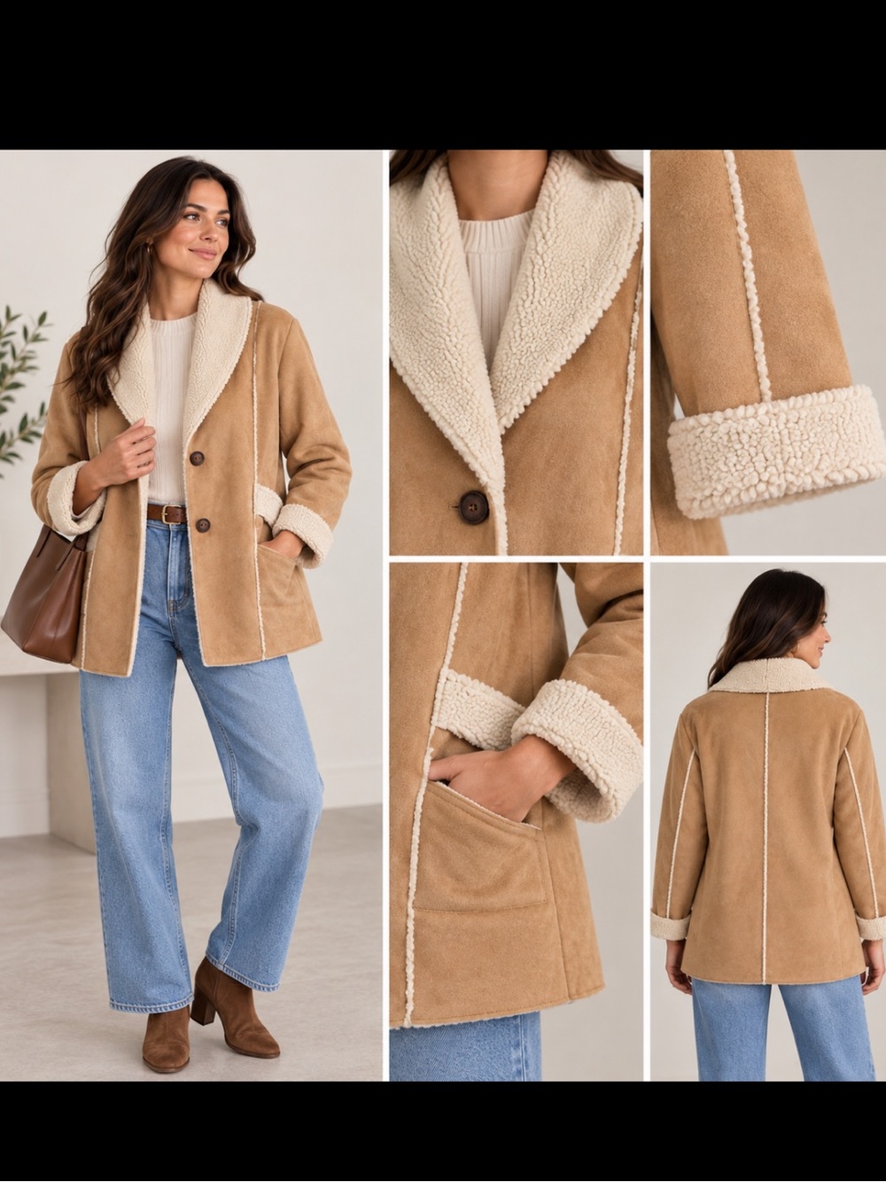 Women’s Tan Faux Suede Sherpa Teddy Jacket Shearling Lined Button Front Size M